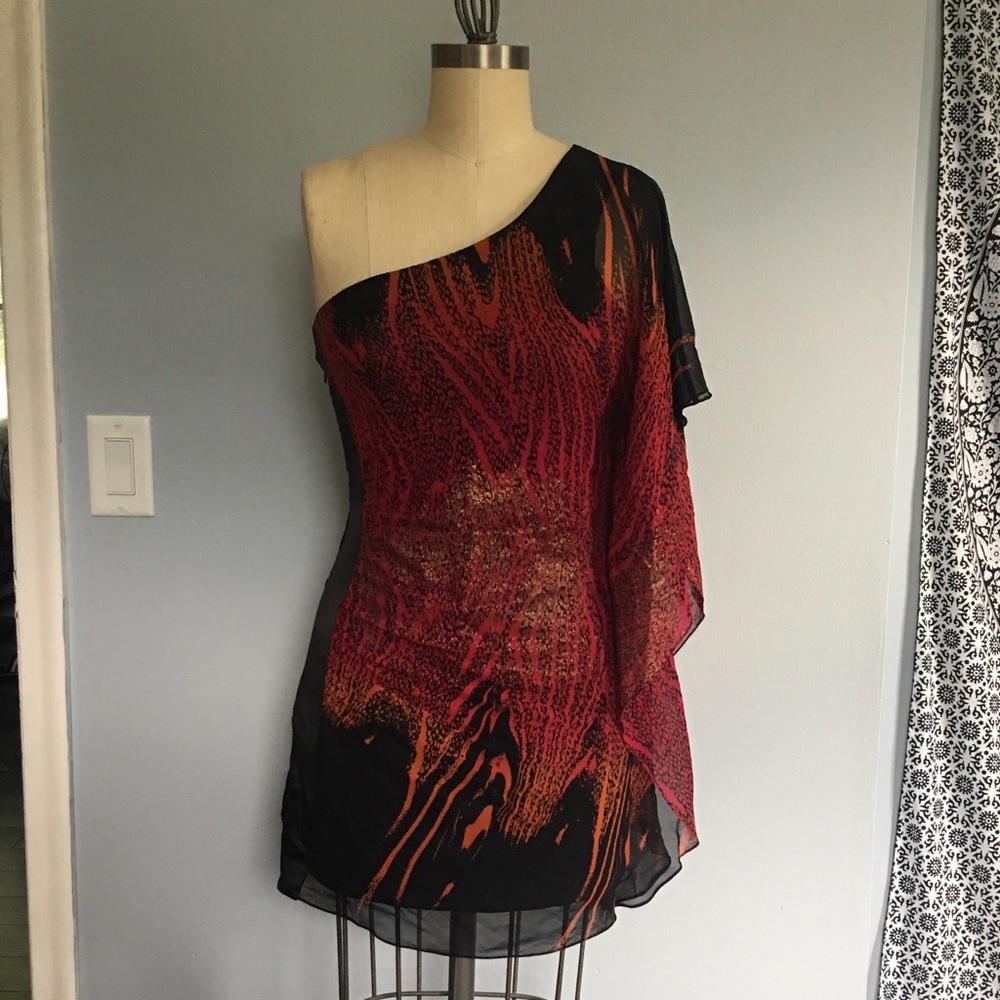 One shoulder red gold and black cocktail dress